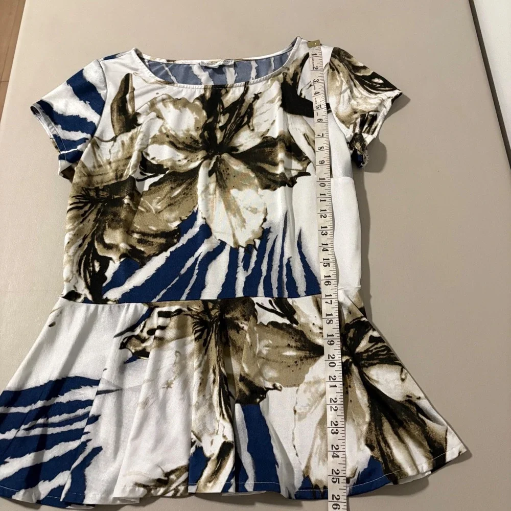 Alberto Makali Floral Zebra Print Peplum Top Short Sleeve Navy Olive White M - Picture 4 of 10